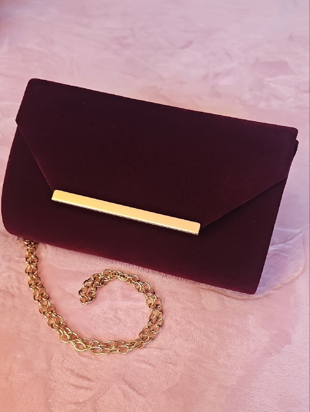 Velvet Envelope Clutch in Deep Burgundy with Gold Bar -1 Free Bag Charm Included
